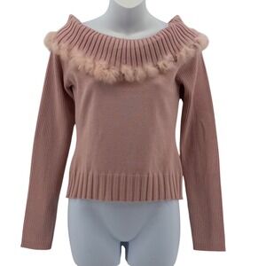 Kelli Kouri Pink Fur Trim Off Shoulder Sweater Women XS Y2K Coquette Ribbed Knit